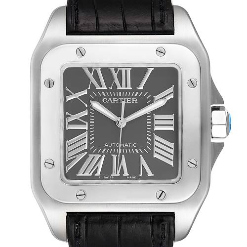 This image shows a front angle of the Cartier Santos W20073X8 Men's Stainless Steel Grey Dial W20073X8 Men's Stainless Steel Grey Dial watch, highlighting the square face, Roman numerals, and black leather strap.