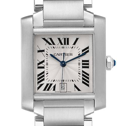 The image shows a close-up view of the dial and case of a Cartier Tank Francaise W51002Q3 Men's Stainless Steel Silver Dial W51002Q3 Men's Stainless Steel Silver Dial watch.