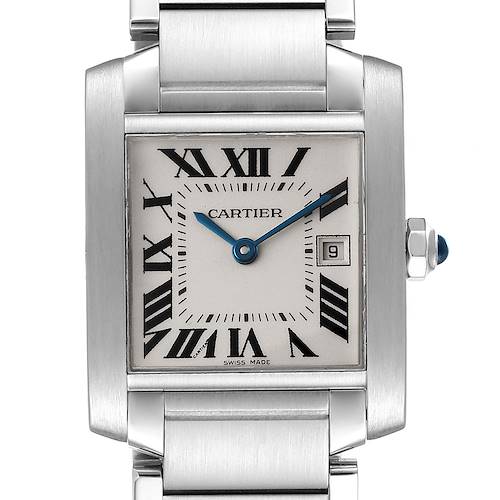 This image shows a Cartier Tank Francaise W51011Q3 Women's Stainless Steel Silver Dial W51011Q3 Women's Stainless Steel Silver Dial watch from the front, highlighting its dial, hands, and date window.