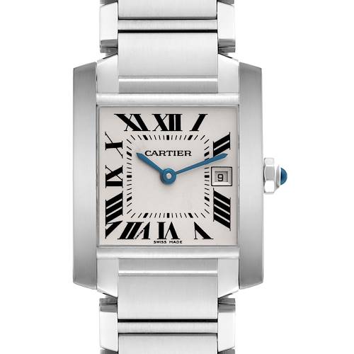 The Tank Francaise by Cartier is shown from a front angle, highlighting its rectangular face, Roman numerals, and bracelet.