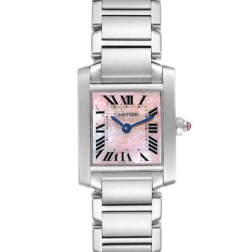 The image shows a front view of the Cartier Tank Francaise W51028Q3 Men's Stainless Steel Mother of Pearl Dial W51028Q3 Men's Stainless Steel Mother of Pearl Dial watch, highlighting its dial, case, crown, and bracelet.