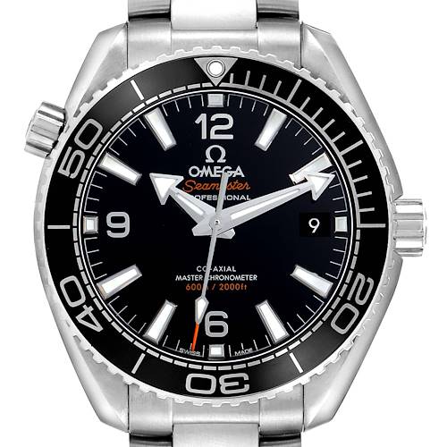 The Omega Planet Ocean 215.30.40.20.01.001 Men's Stainless Steel Black Dial 215.30.40.20.01.001 Men's Stainless Steel Black Dial watch is shown from the front, displaying the dial, bezel, and part of the bracelet.