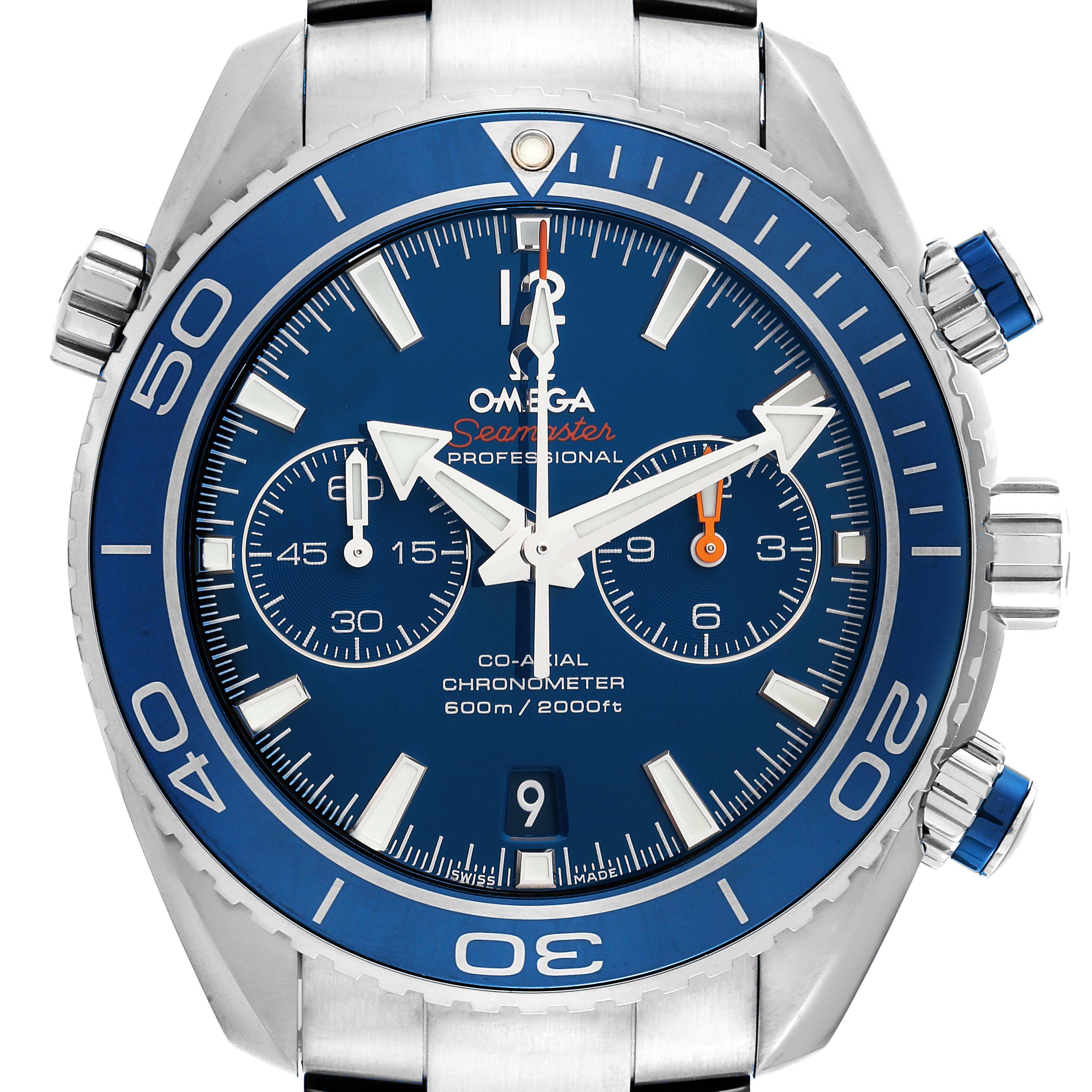 The image shows a front view of the Omega Planet Ocean 232.90.46.51.03.001 Men's Titanium Blue Dial 232.90.46.51.03.001 Men's Titanium Blue Dial model watch, highlighting the dial, bezel, crown, and chronograph subdials.