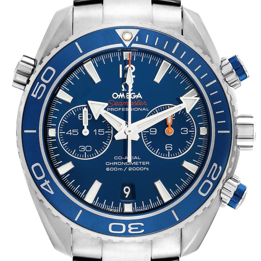 The image shows a front view of the Omega Planet Ocean 232.90.46.51.03.001 Men's Titanium Blue Dial 232.90.46.51.03.001 Men's Titanium Blue Dial model watch, highlighting the dial, bezel, crown, and chronograph subdials.