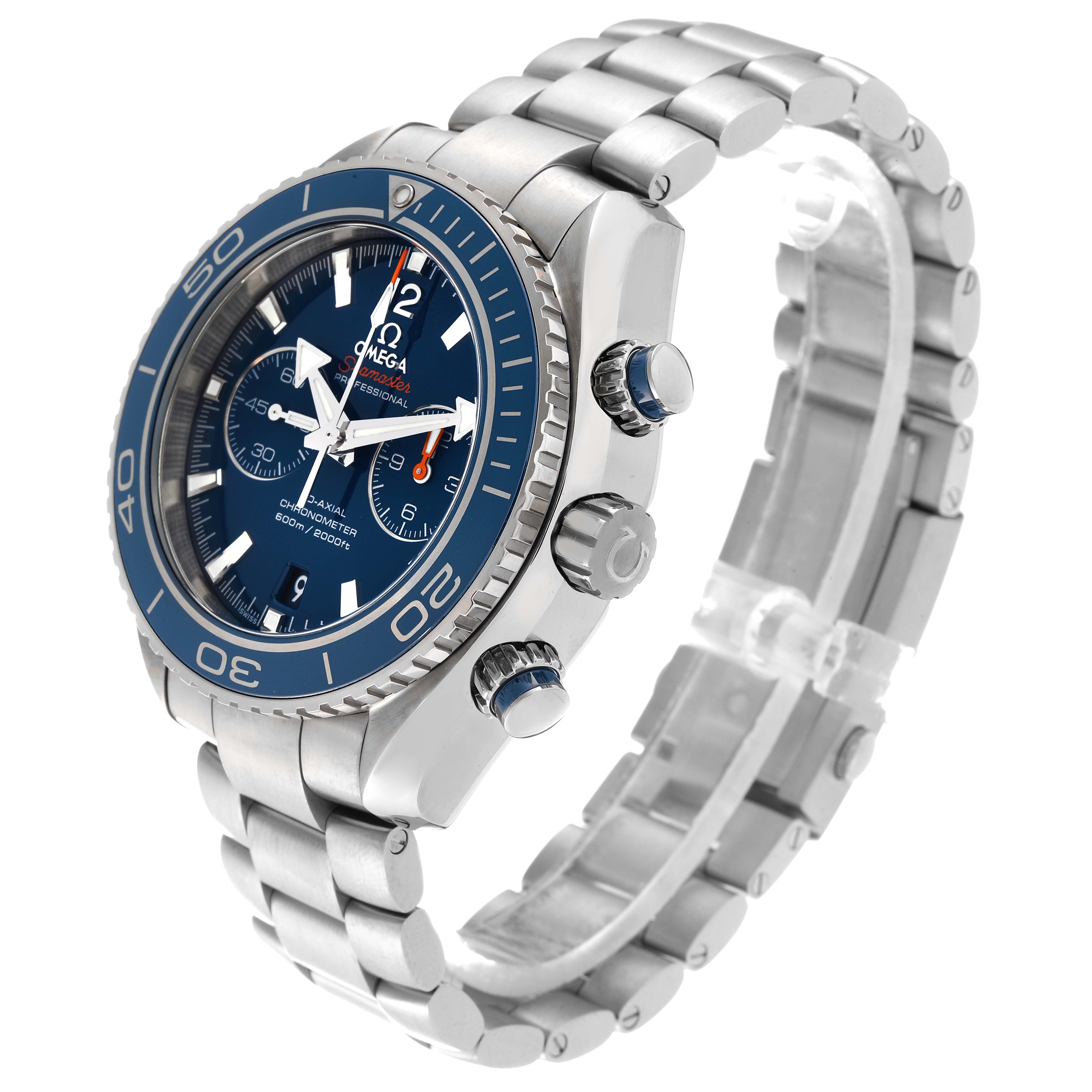 The image shows a side-angle view of the Omega Planet Ocean 232.90.46.51.03.001 Men's Titanium Blue Dial 232.90.46.51.03.001 Men's Titanium Blue Dial watch, highlighting its bezel, crown, chronograph pushers, and stainless steel bracelet.
