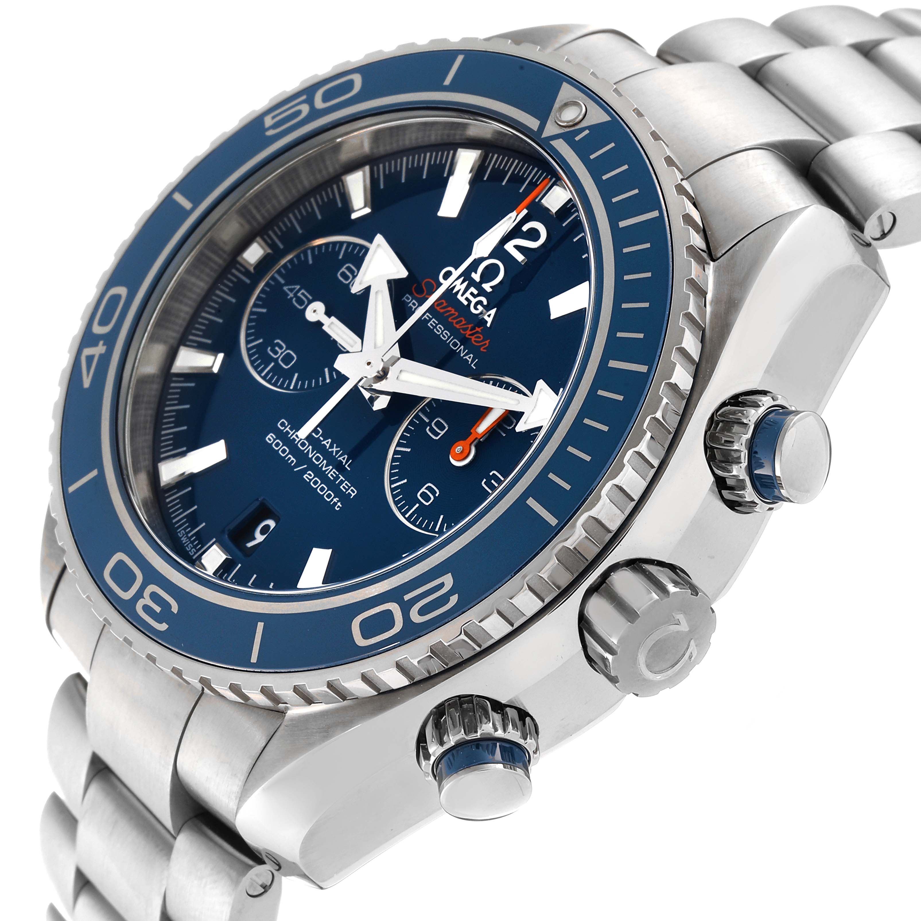 The Omega Planet Ocean 232.90.46.51.03.001 Men's Titanium Blue Dial 232.90.46.51.03.001 Men's Titanium Blue Dial model watch is shown at a slight side angle, featuring the bezel, dial, crown, and stainless steel bracelet.