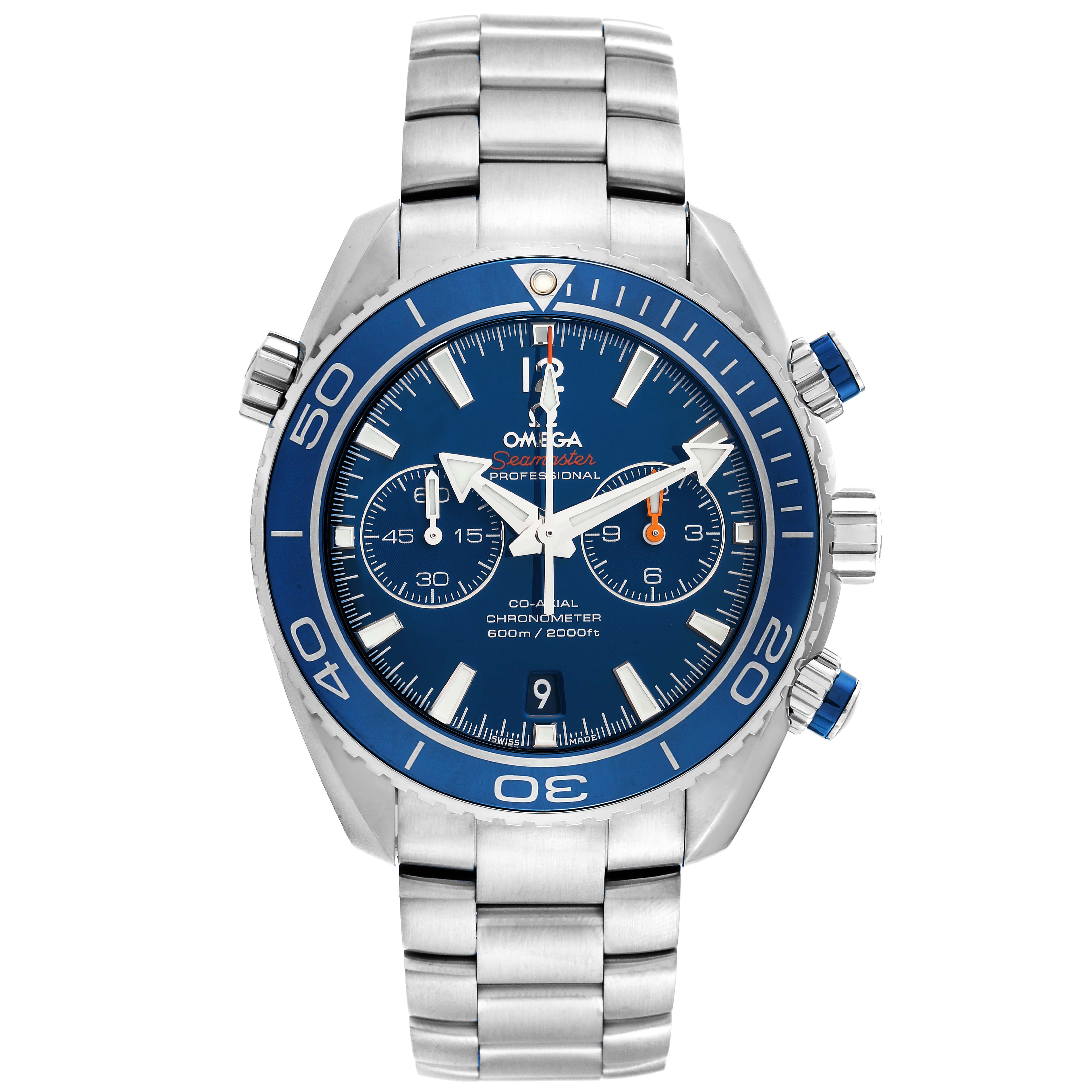 This image shows a frontal angle of the Omega Planet Ocean 232.90.46.51.03.001 Men's Titanium Blue Dial 232.90.46.51.03.001 Men's Titanium Blue Dial watch, highlighting the blue dial, stainless steel case, and bracelet.