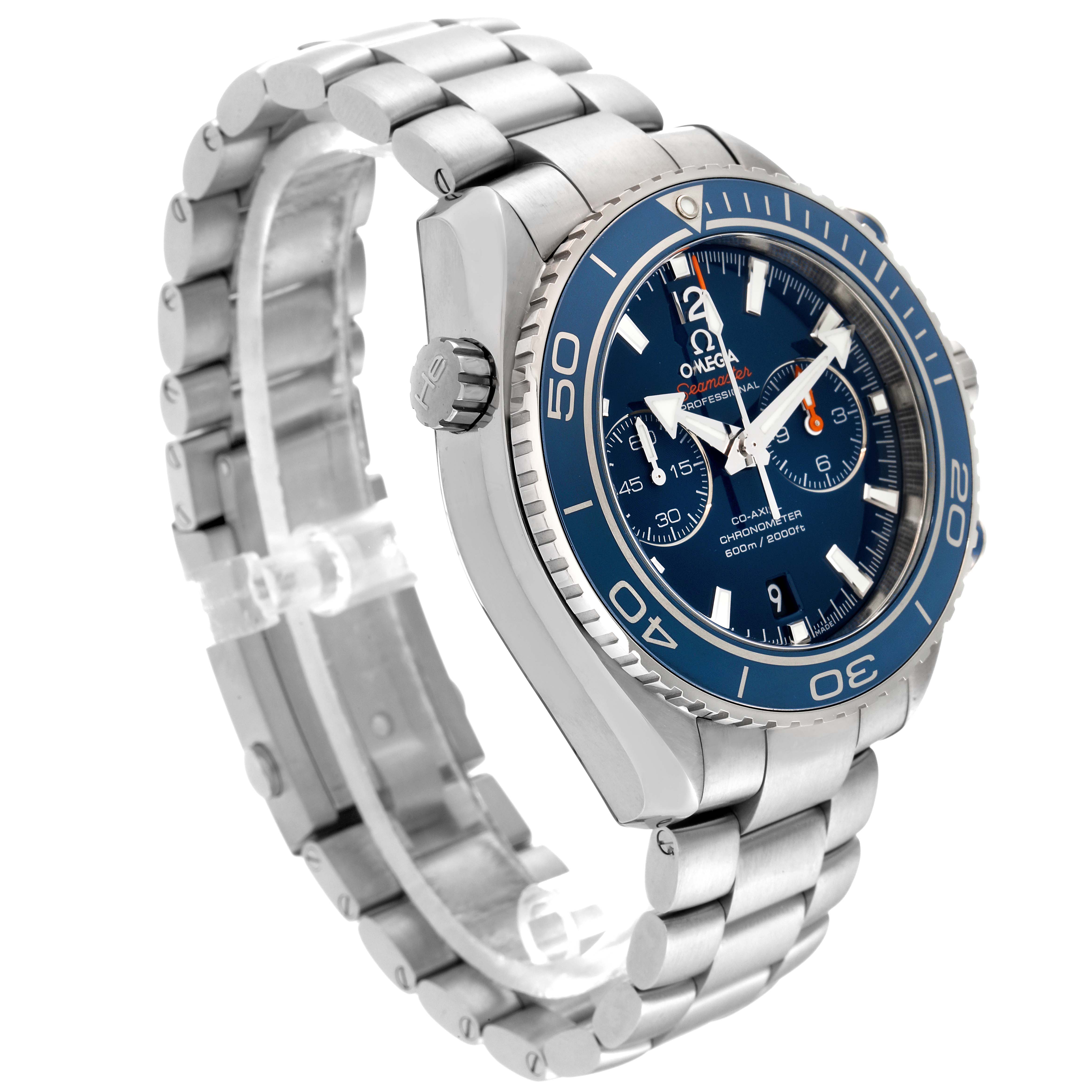 The Omega Planet Ocean 232.90.46.51.03.001 Men's Titanium Blue Dial 232.90.46.51.03.001 Men's Titanium Blue Dial watch is shown from an angled side view, highlighting its face, bezel, crown, and stainless steel bracelet.