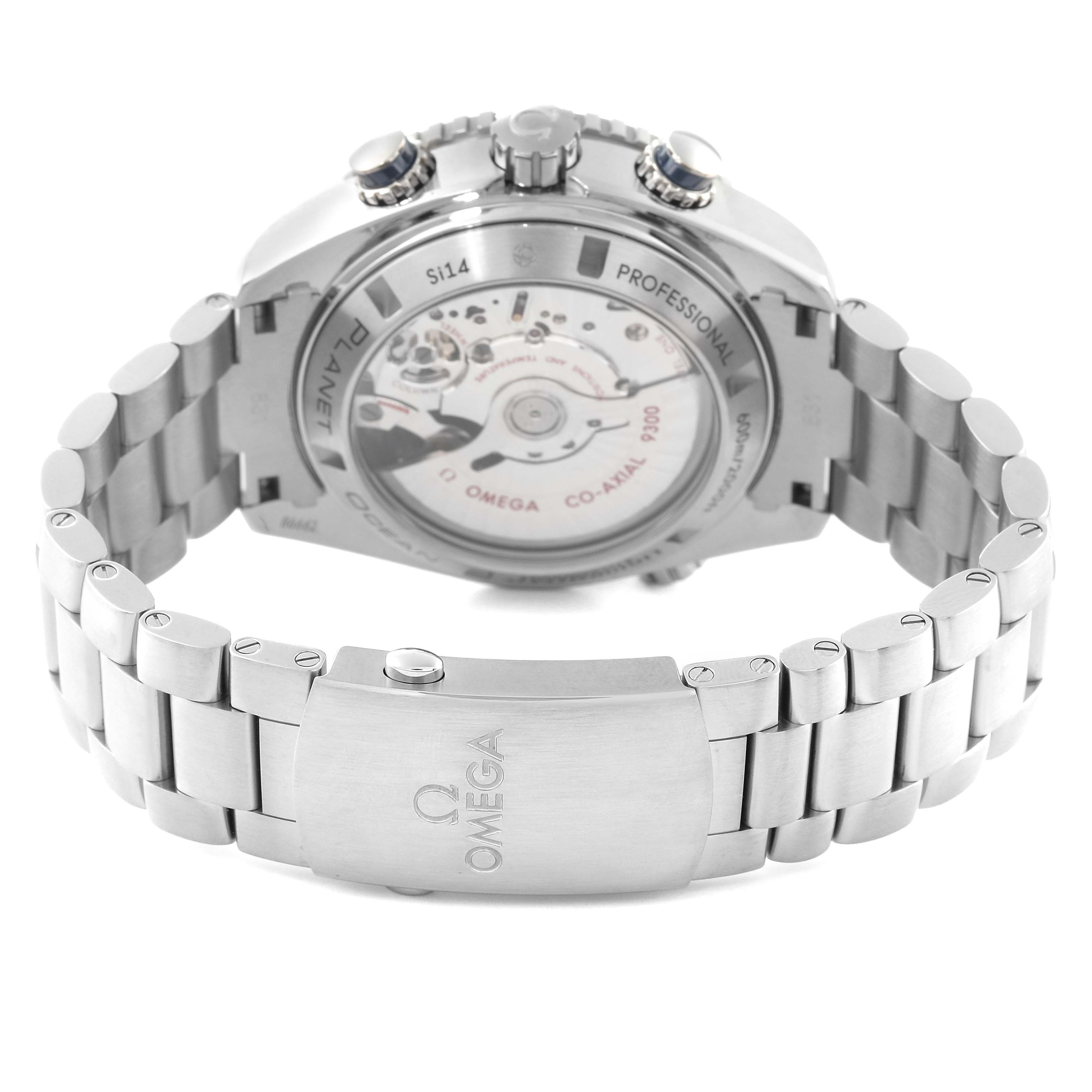 The image shows the back case and stainless steel bracelet of an Omega Planet Ocean 232.90.46.51.03.001 Men's Titanium Blue Dial 232.90.46.51.03.001 Men's Titanium Blue Dial watch, highlighting its movement and clasp.