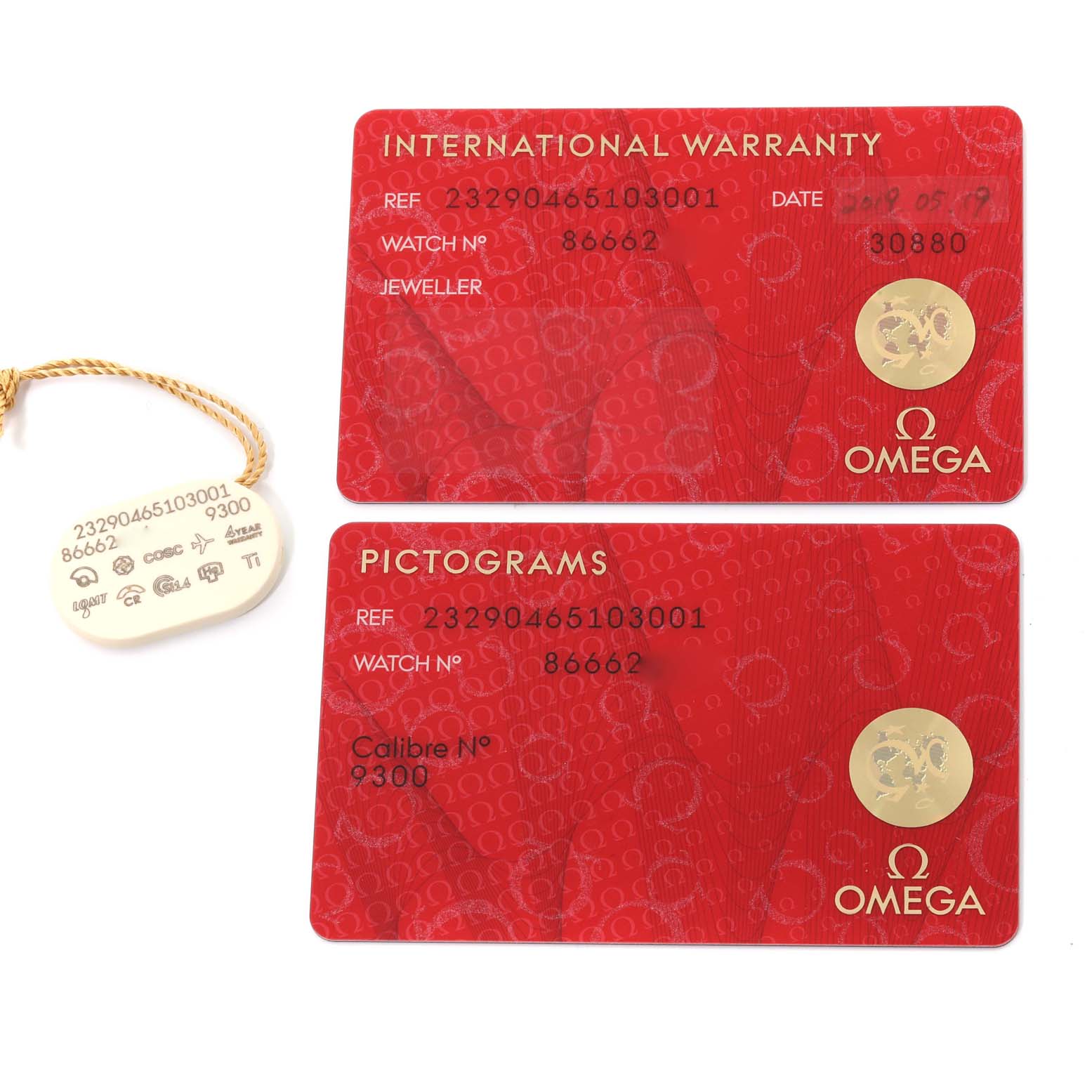 The image shows the international warranty card, pictograms card, and an identification tag for the Omega Planet Ocean 232.90.46.51.03.001 Men's Titanium Blue Dial 232.90.46.51.03.001 Men's Titanium Blue Dial watch model.