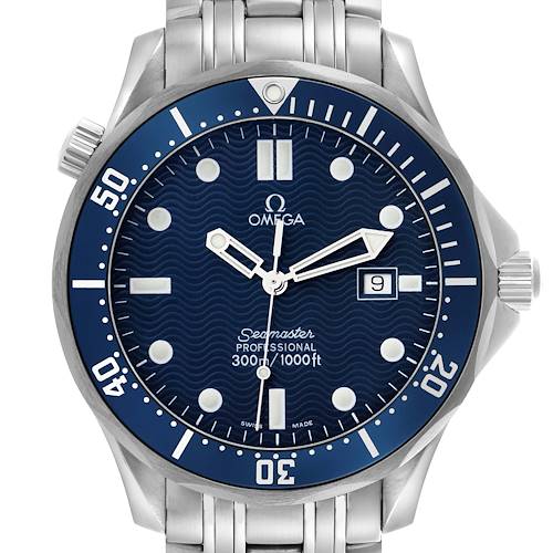 The Omega Seamaster 2541.80.00 Men's Stainless Steel Blue Dial 2541.80.00 Men's Stainless Steel Blue Dial watch is shown from the front, displaying the dial, bezel, and bracelet.