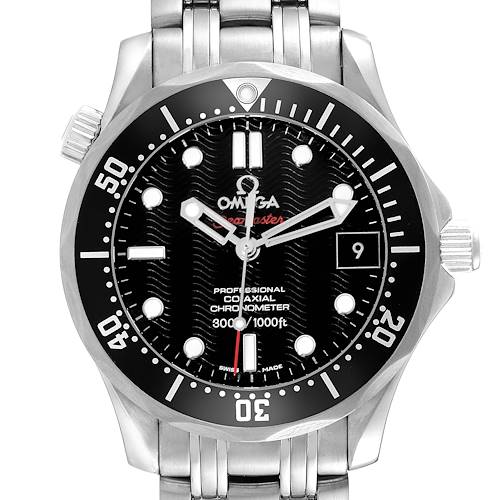 The image shows the front view of an Omega Seamaster 212.30.36.20.01.001 Men's Stainless Steel Black Dial 212.30.36.20.01.001 Men's Stainless Steel Black Dial watch, detailing the face, bezel, and stainless steel bracelet.