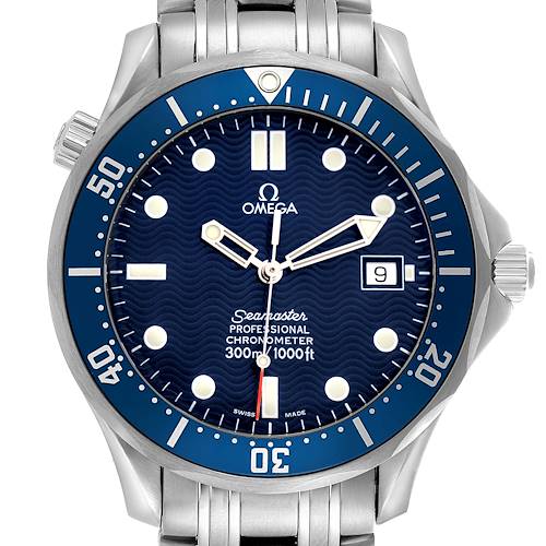 The Omega Seamaster 2531.80.00 Men's Stainless Steel Blue Dial 2531.80.00 Men's Stainless Steel Blue Dial watch is shown from the front, displaying its dial, stainless steel bracelet, and bezel detailing.