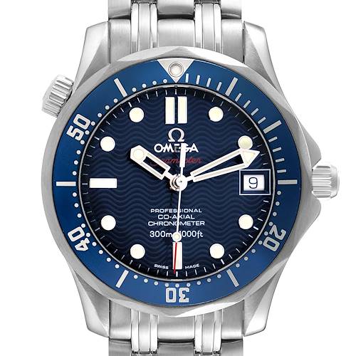 The Omega Seamaster 2222.80.00 Men's Stainless Steel Blue Dial 2222.80.00 Men's Stainless Steel Blue Dial watch is shown from the front, displaying its blue dial and bezel, date window, and metal bracelet.