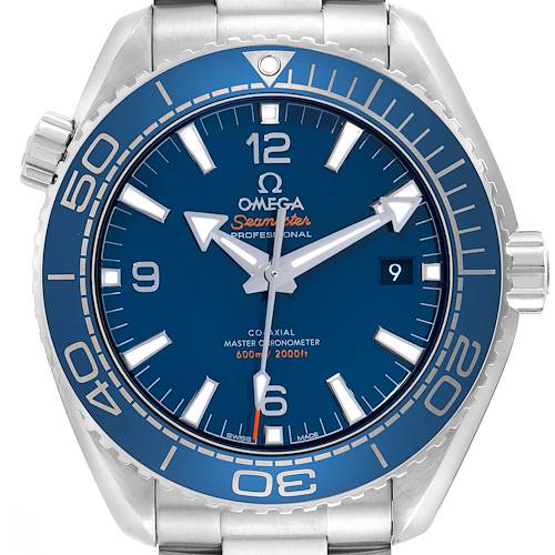The image shows a front-facing view of the Omega Planet Ocean 215.30.44.21.03.001 Men's Stainless Steel Blue Dial 215.30.44.21.03.001 Men's Stainless Steel Blue Dial watch, highlighting the dial, bezel, and part of the bracelet.