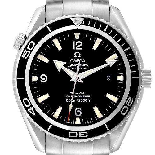 The Omega Planet Ocean 2900.50.37 Men's Stainless Steel Black Dial 2900.50.37 Men's Stainless Steel Black Dial watch is shown from the front, displaying the dial, bezel, bracelet, and crown.