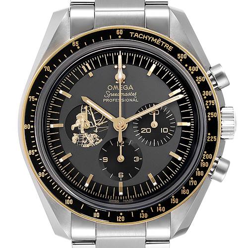 This Omega Speedmaster 310.20.42.50.01.001 Men's Stainless Steel Grey Dial 310.20.42.50.01.001 Men's Stainless Steel Grey Dial watch is shown from a front angle, showing the face, bezel, and a part of the bracelet.