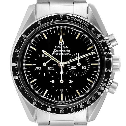 The image shows a front view of an Omega Speedmaster 145.022 Men's Stainless Steel Black Dial 145.022 Men's Stainless Steel Black Dial Professional watch, highlighting its dial, bezel, and chronograph subdials.