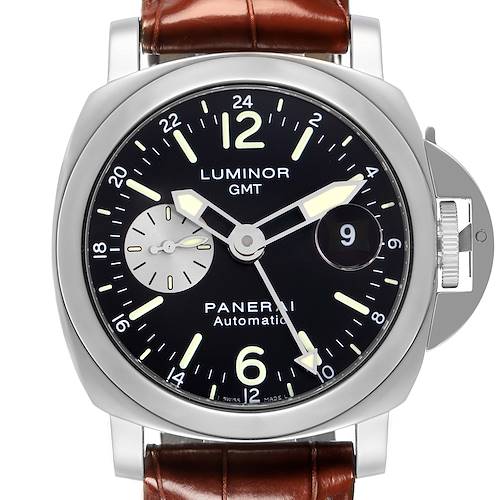 The Panerai Luminor PAM00088 Men's Stainless Steel Black Dial PAM00088 Men's Stainless Steel Black Dial watch is shown from a front angle, displaying the dial, crown guard, and leather strap.