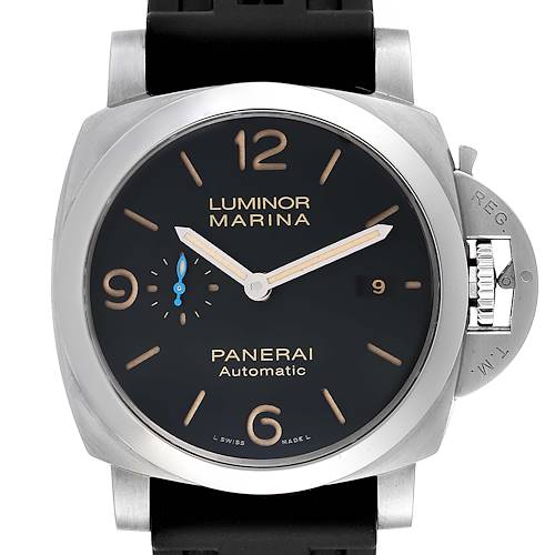 The image shows a front view of the Panerai Luminor PAM01392 Men's Stainless Steel Black Dial PAM01392 Men's Stainless Steel Black Dial Marina watch, highlighting its black dial and iconic crown guard.