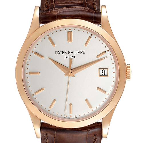 The image shows a front view of the Patek Philippe Calatrava 5296R-010 Men's Rose Gold Silver Dial 5296R-010 Men's Rose Gold Silver Dial watch, highlighting its dial, hands, date window, and leather strap.