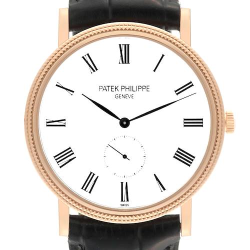 This image shows a front view of the Patek Philippe Calatrava 5119R Men's Rose Gold White Dial 5119R Men's Rose Gold White Dial watch, highlighting its dial, hands, and Roman numerals.