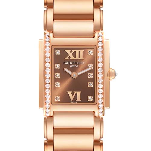 This image shows a frontal view of the Patek Philippe Twenty-4 4908/11R-010 Women's Rose Gold Brown Dial 4908/11R-010 Women's Rose Gold Brown Dial model watch, featuring a rectangular case with diamond accents and a bracelet.