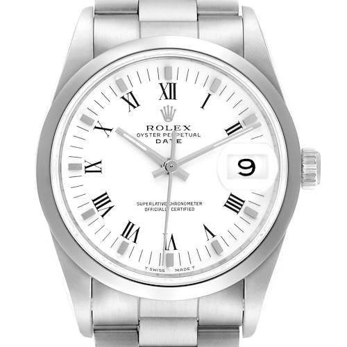The Rolex Date 15200 Men's Stainless Steel White Dial 15200 Men's Stainless Steel White Dial model watch is shown from the front, displaying the dial, bezel, crown, and part of the bracelet.