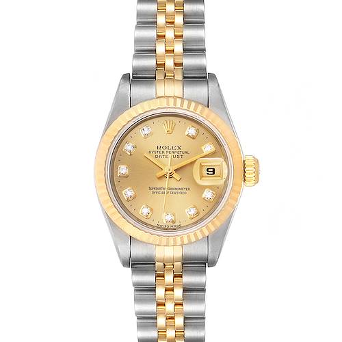 The image shows a top view of a Rolex Datejust 69173 Women's Steel and Gold (two tone) Champagne Dial 69173 Women's Steel and Gold (two tone) Champagne Dial watch displaying its gold and silver bracelet, dial, and bezel.