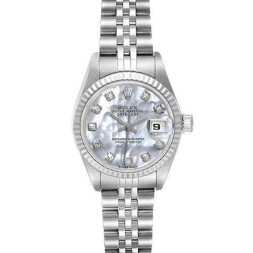 This image shows a Rolex Datejust 79174 Women's Stainless Steel Mother of Pearl Dial 79174 Women's Stainless Steel Mother of Pearl Dial watch from a top-down angle, displaying its dial, bracelet, and crown.
