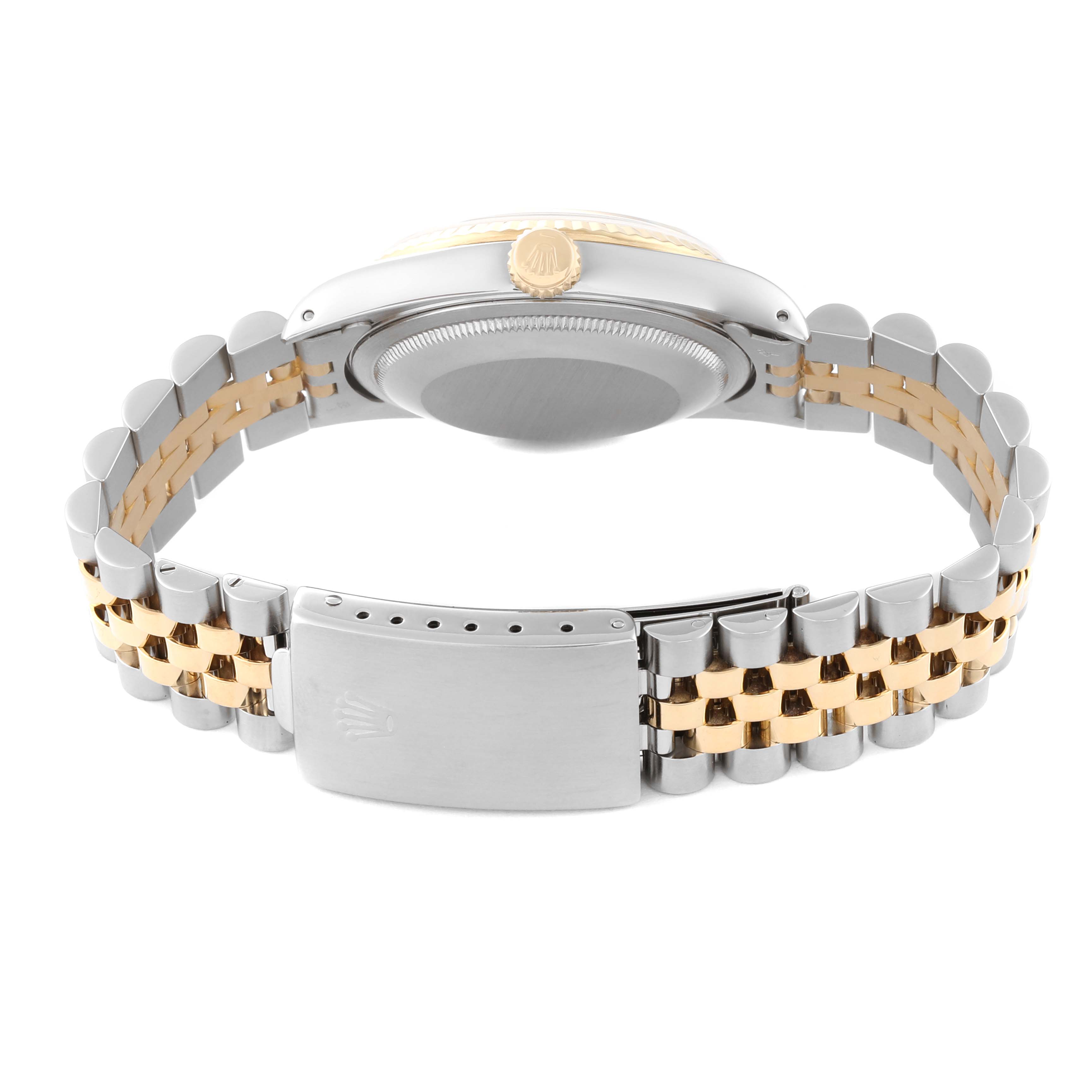 The image shows the back view of a Rolex Datejust 16233 Men's Steel and Gold (two tone) Beige Dial 16233 Men's Steel and Gold (two tone) Beige Dial watch, highlighting its jubilee bracelet and clasp.