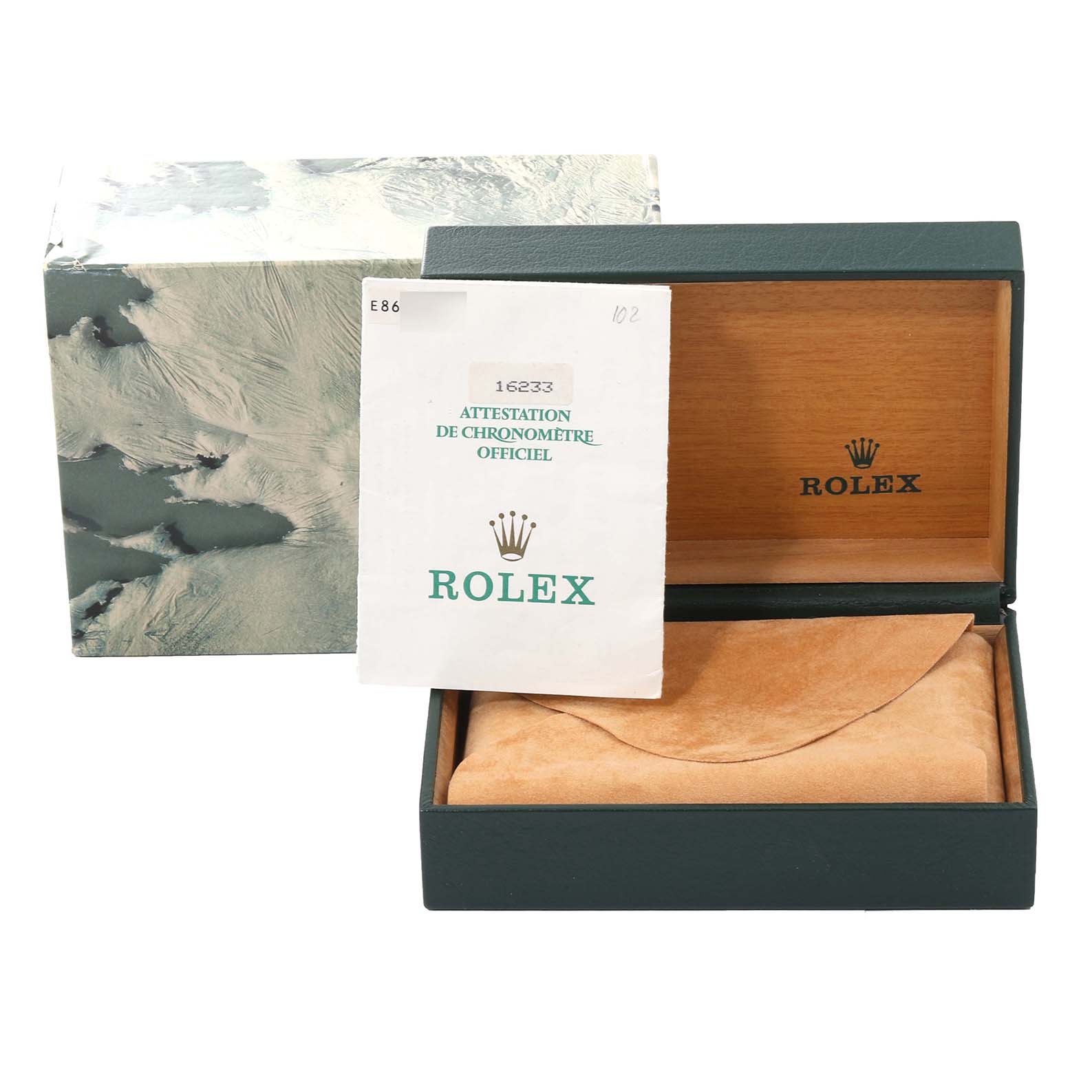 This image shows the packaging of a Rolex Datejust 16233 Men's Steel and Gold (two tone) Beige Dial 16233 Men's Steel and Gold (two tone) Beige Dial watch, including the box and official certification paper.