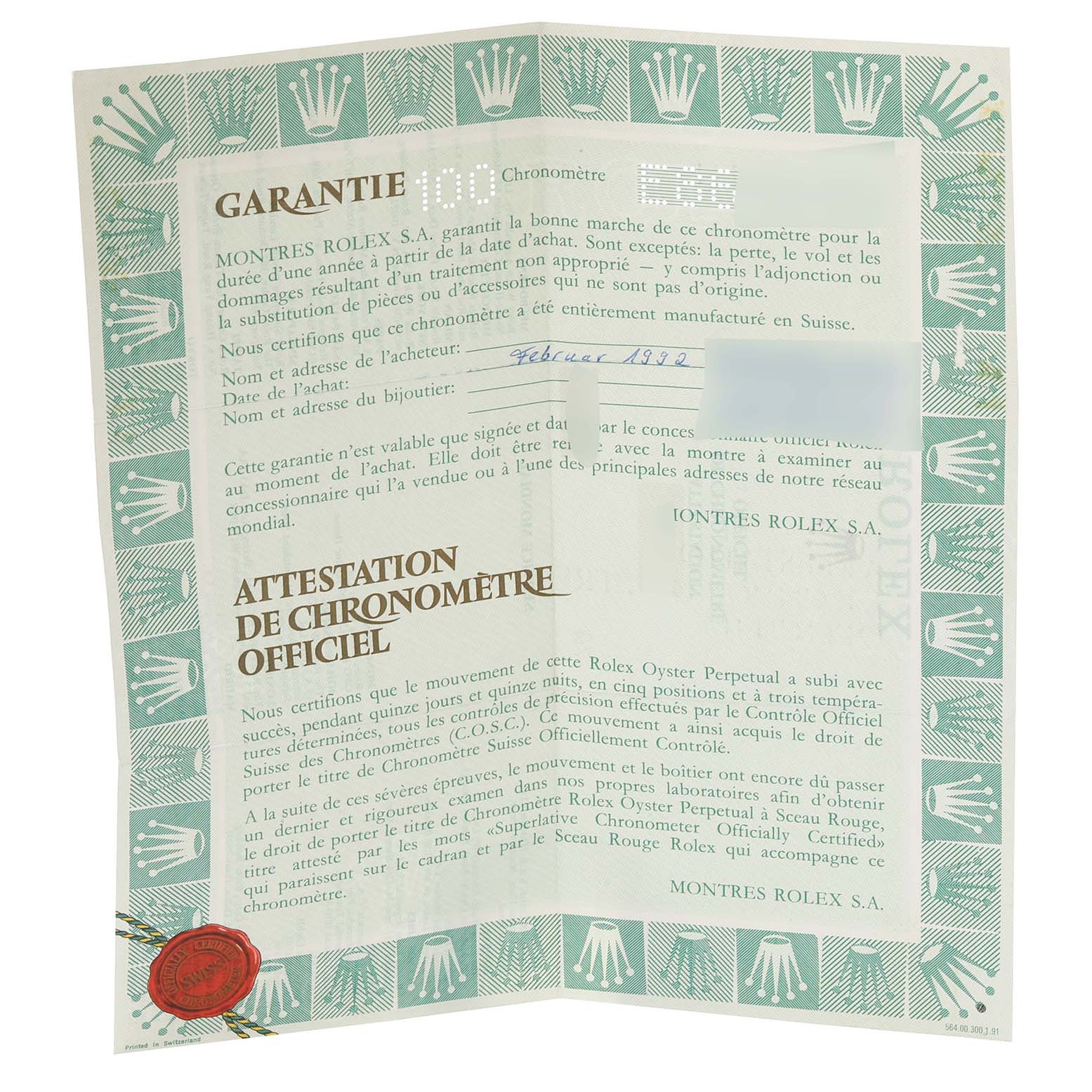 The image shows a warranty and official chronometer certificate for the Rolex Datejust 16233 Men's Steel and Gold (two tone) Beige Dial 16233 Men's Steel and Gold (two tone) Beige Dial model.