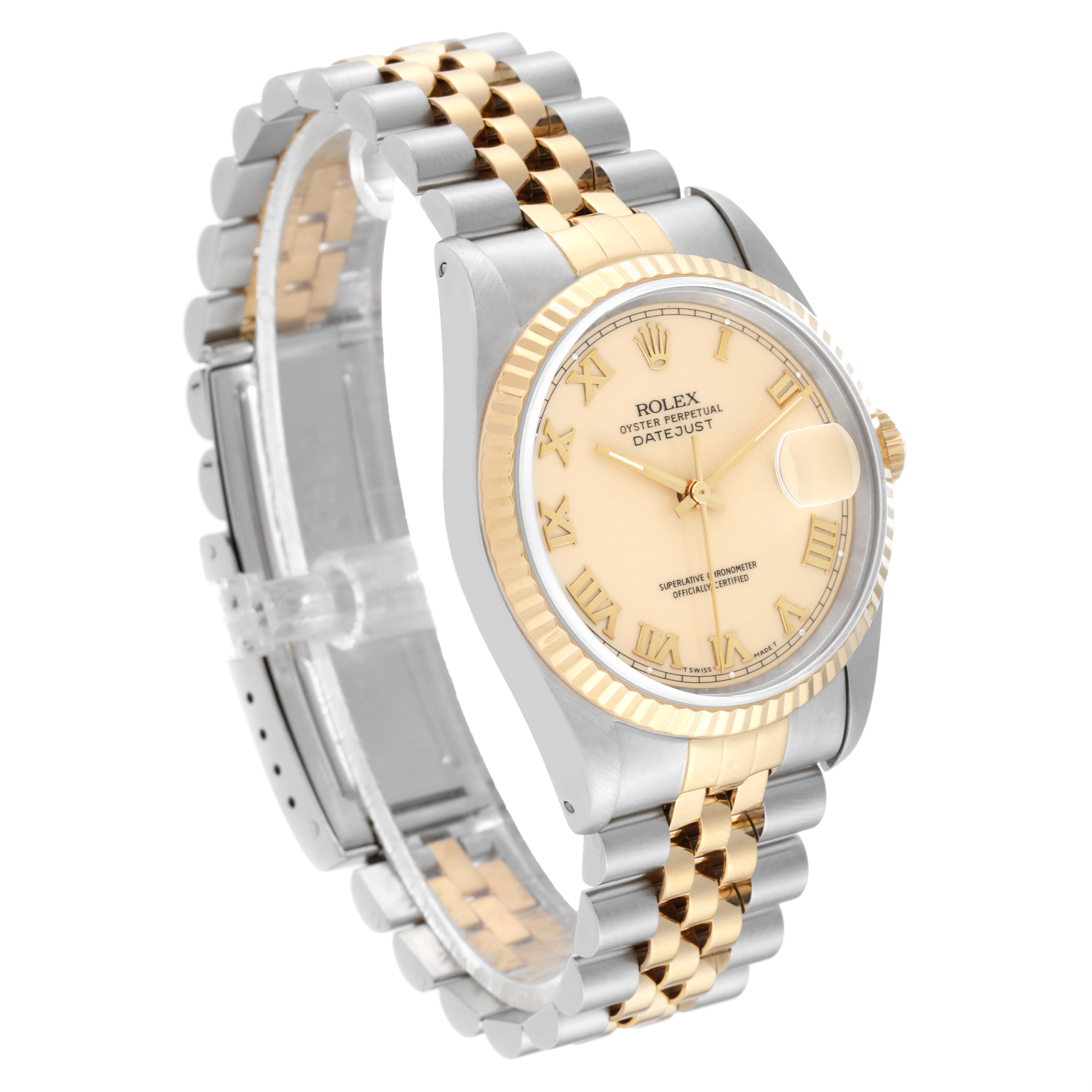 This image shows a side and front view of a Rolex Datejust 16233 Men's Steel and Gold (two tone) Beige Dial 16233 Men's Steel and Gold (two tone) Beige Dial watch, highlighting the dial, bezel, and two-tone bracelet.