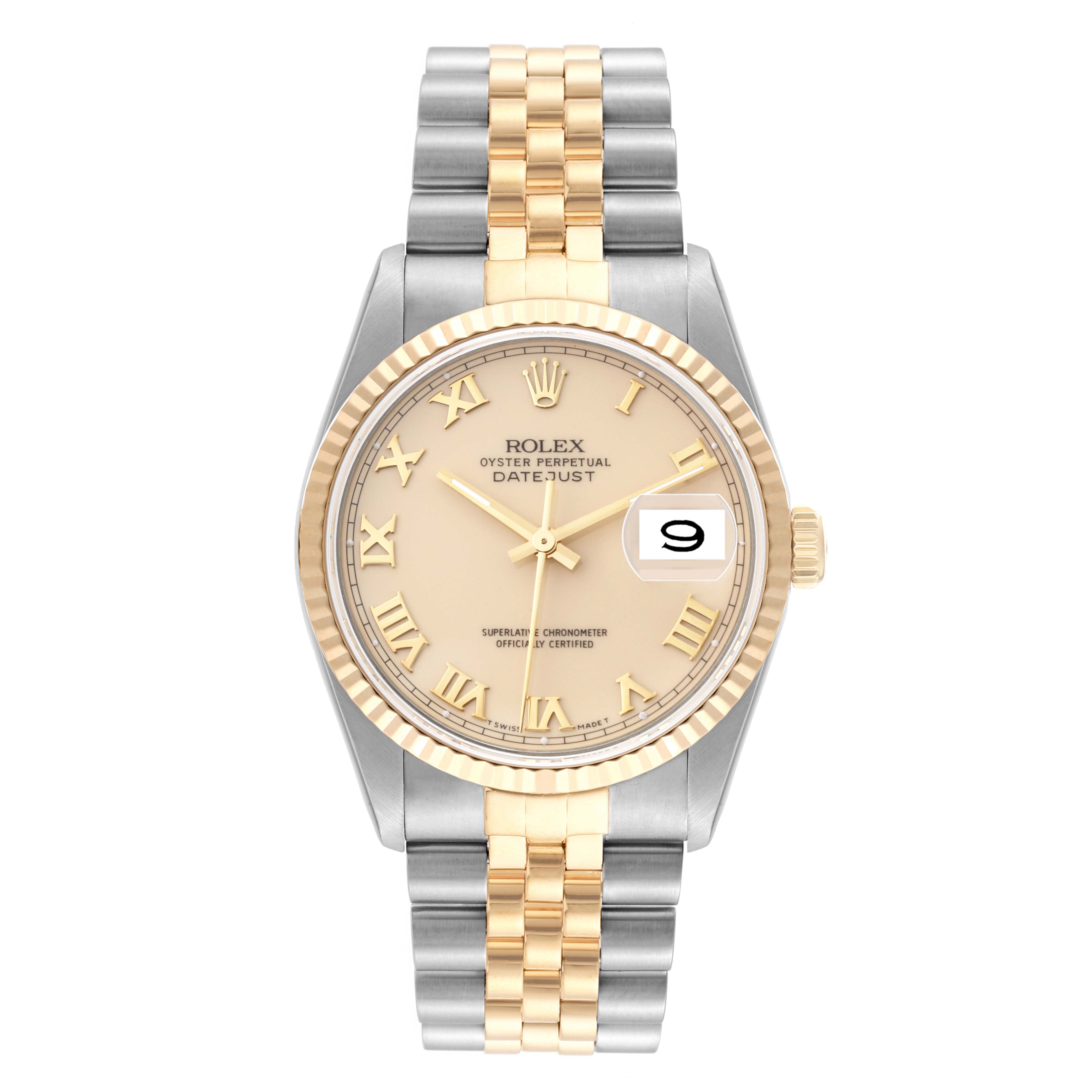 The image shows a front view of a Rolex Datejust 16233 Men's Steel and Gold (two tone) Beige Dial 16233 Men's Steel and Gold (two tone) Beige Dial watch with a gold and silver bracelet and a beige dial.