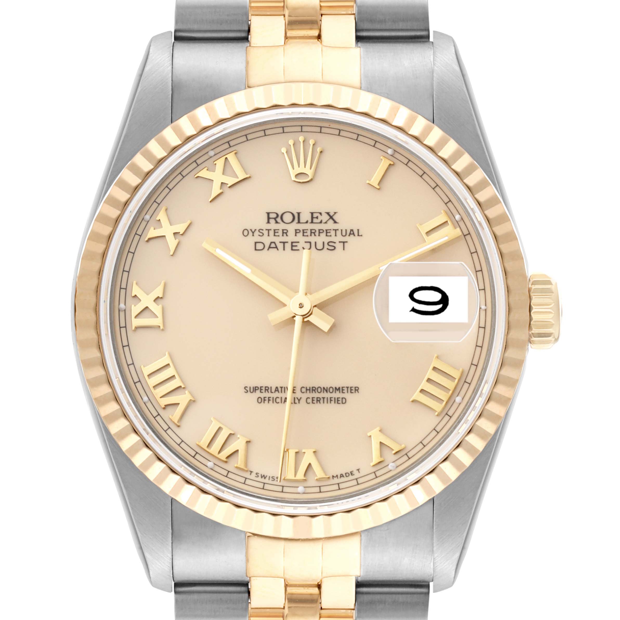 This is a front view of a Rolex Datejust 16233 Men's Steel and Gold (two tone) Beige Dial 16233 Men's Steel and Gold (two tone) Beige Dial watch, showing the dial, bezel, crown, and part of the bracelet.
