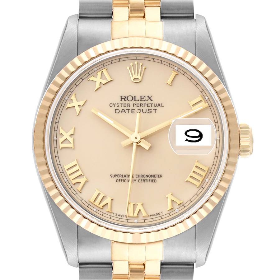 This is a front view of a Rolex Datejust 16233 Men's Steel and Gold (two tone) Beige Dial 16233 Men's Steel and Gold (two tone) Beige Dial watch, showing the dial, bezel, crown, and part of the bracelet.