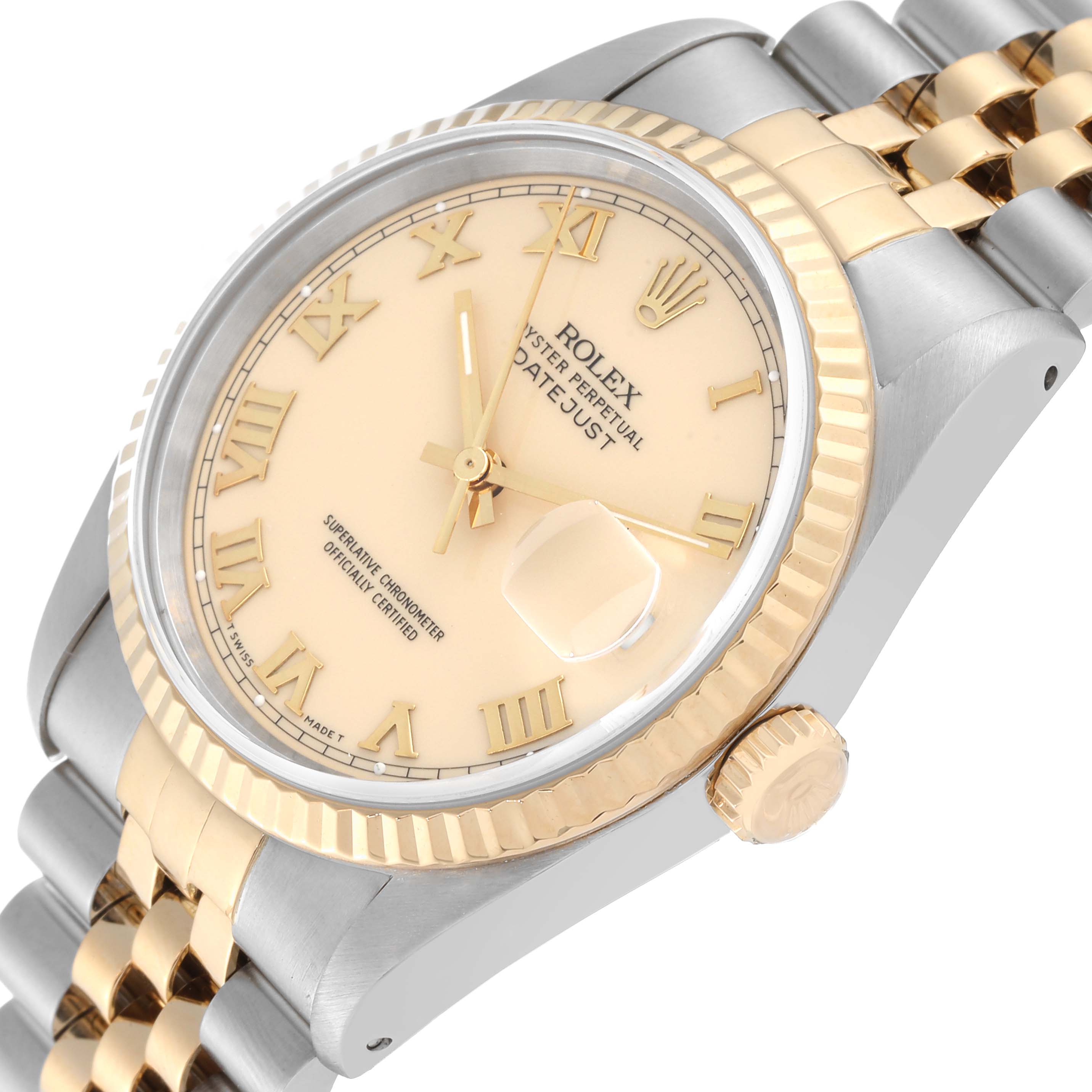 The Rolex Datejust 16233 Men's Steel and Gold (two tone) Beige Dial 16233 Men's Steel and Gold (two tone) Beige Dial watch is shown at a slight side angle, highlighting the dial, bezel, crown, and part of the bracelet.