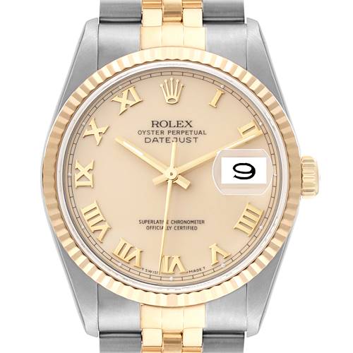 This image shows a front view of the Rolex Datejust 16233 Men's Steel and Gold (two tone) Beige Dial 16233 Men's Steel and Gold (two tone) Beige Dial watch, displaying the dial, hands, bezel, bracelet, and date window.