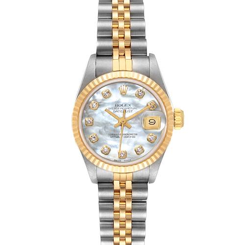 This image shows a Rolex Datejust 69173 Women's Steel and Gold (two tone) Mother of Pearl Dial 69173 Women's Steel and Gold (two tone) Mother of Pearl Dial watch from a front angle, featuring a stainless steel and gold bracelet, and a diamond-studded dial.