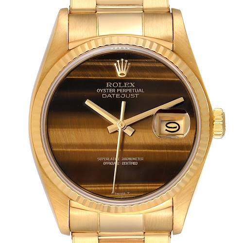 This Rolex President 16018 Men's Yellow Gold Brown Dial 16018 Men's Yellow Gold Brown Dial model watch is shown from a front angle, highlighting its golden dial, bezel, and bracelet.