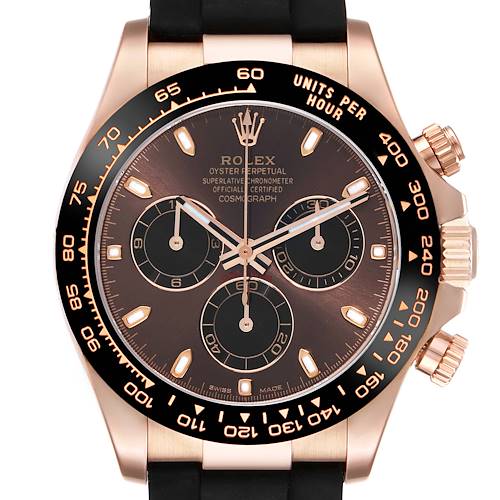 The Rolex Daytona 116515 Men's Rose Gold Brown Dial 116515 Men's Rose Gold Brown Dial watch is shown from a front angle, highlighting the dial, bezel, crown, and sub-dials.