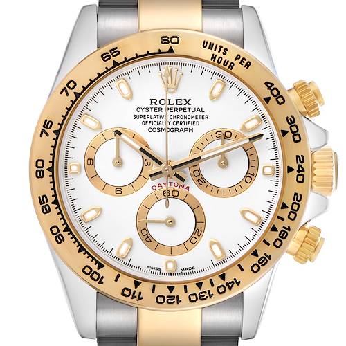 The Rolex Daytona 116503 Men's Steel and Gold (two tone) White Dial 116503 Men's Steel and Gold (two tone) White Dial watch is shown from a straight-on angle, highlighting the face, bezel, and pushers.