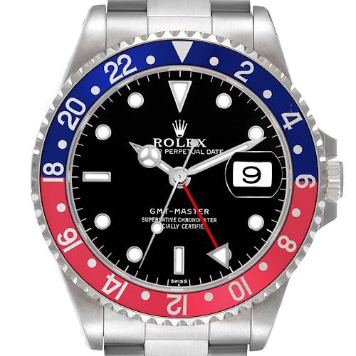 The Rolex GMT-Master 16700 Men's Stainless Steel Black Dial 16700 Men's Stainless Steel Black Dial watch is shown from the front, highlighting the face, bezel, and parts of the bracelet.