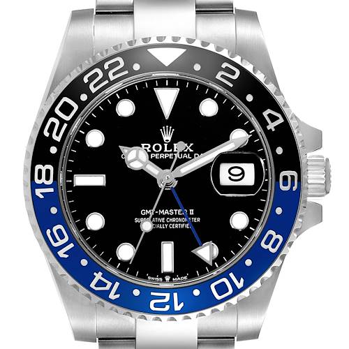 This image shows the face and bezel of the Rolex GMT-Master 126710 Men's Stainless Steel Black Dial 126710 Men's Stainless Steel Black Dial II watch, emphasizing its dial and date window.