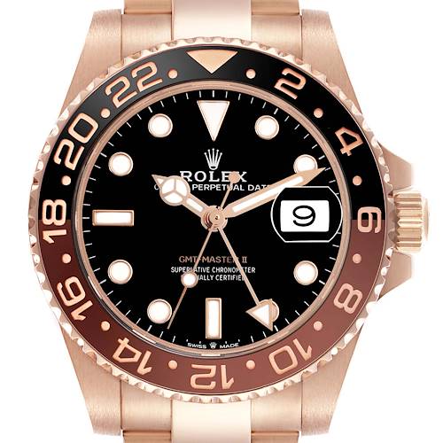The image shows a frontal view of the Rolex GMT-Master 126715CHNR Men's Rose Gold Black Dial 126715CHNR Men's Rose Gold Black Dial II, highlighting the dial, bezel, and crown.