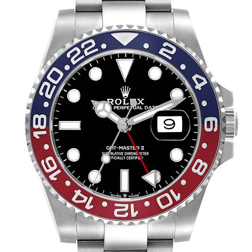 The Rolex GMT-Master 126710BLRO Men's Stainless Steel Black Dial 126710BLRO Men's Stainless Steel Black Dial watch is shown from a front angle highlighting the bezel, dial, hands, and bracelet.