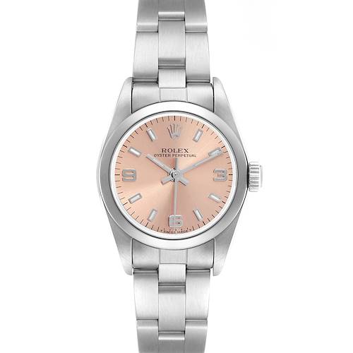The Rolex Oyster Perpetual 76080 Women's Stainless Steel Pink Dial 76080 Women's Stainless Steel Pink Dial watch is shown from a top-down angle, highlighting the face, bezel, and bracelet.