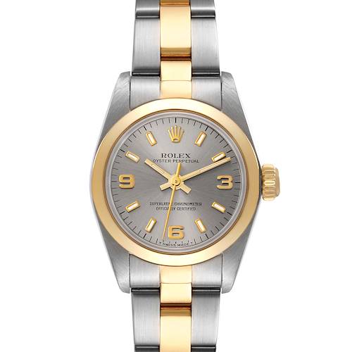 This image shows a front view of a Rolex Oyster Perpetual 67183 Women's Steel and Gold (two tone) Grey Dial 67183 Women's Steel and Gold (two tone) Grey Dial watch with a two-tone stainless steel and gold bracelet.