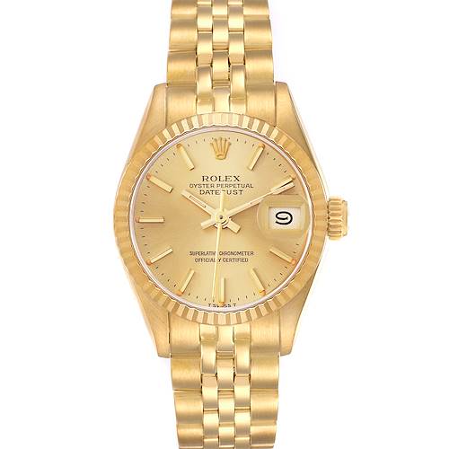 The Rolex President 69178 Women's Yellow Gold Champagne Dial 69178 Women's Yellow Gold Champagne Dial model is shown from the front, displaying its gold dial, bezel, and bracelet.